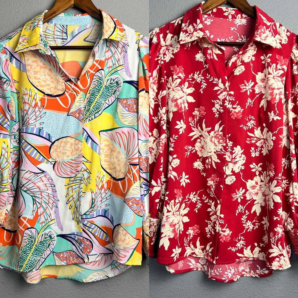Wearable Art Floral Blouse Long SL Smocked Cuff Collared Top Colorful Pattern S‎